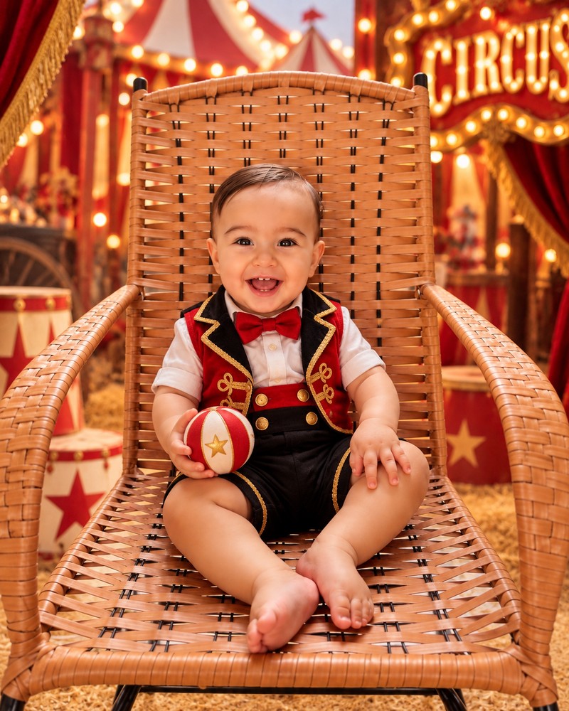 Luiz Lian rindo com chapeuzinho de circo