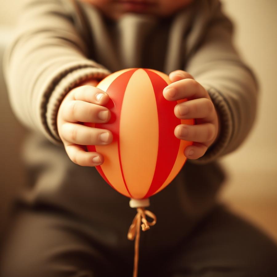 Mãozinhas do Luiz Lian segurando um balão listrado
